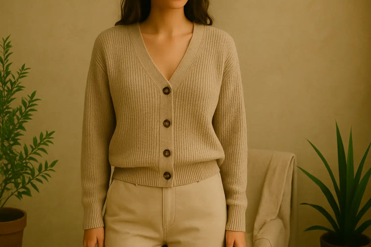 Femme qui porte un pull en laine vintage
