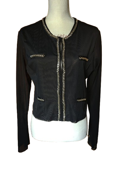 Cardigan/veste en voile semi-transparent avec chaîne dorée